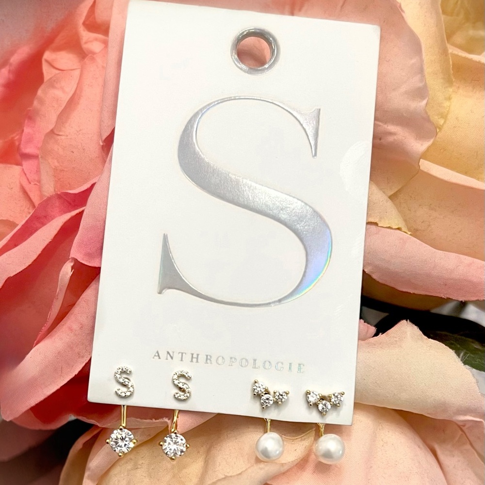 NWT Anthropologie Cubic Zirconia Initial “S” Earrings Two Pairs - Picture 3 of 3